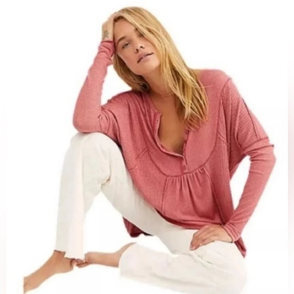 Free People Leo Henley Thermal Top | Oversized Waffle Knit Long Sleeve Size M